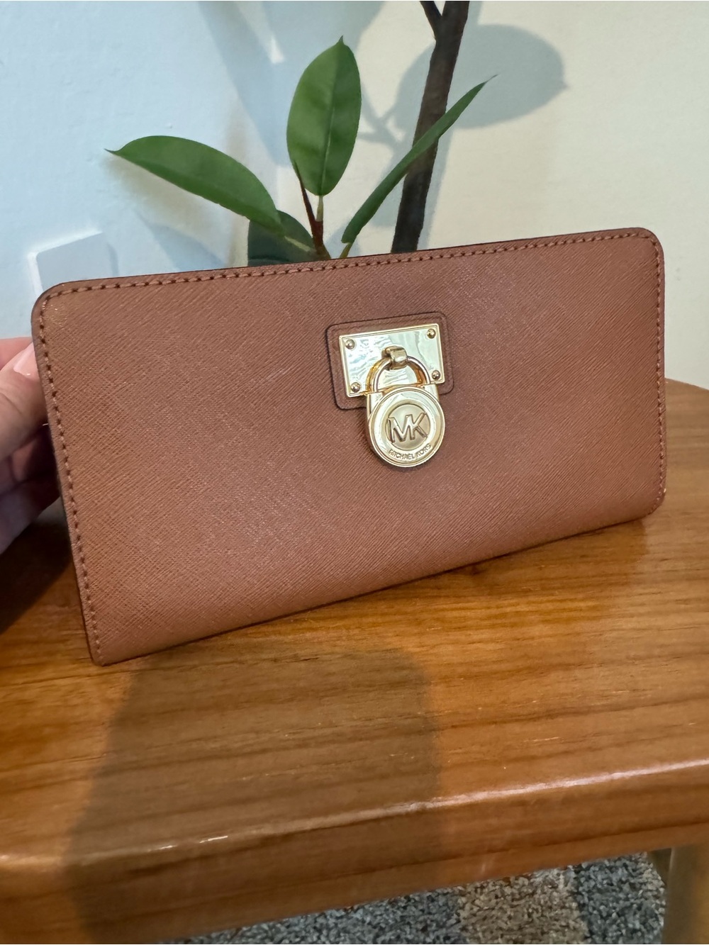 Michael Kors Brown Saffiano Zip Wallet with Gold Hardware